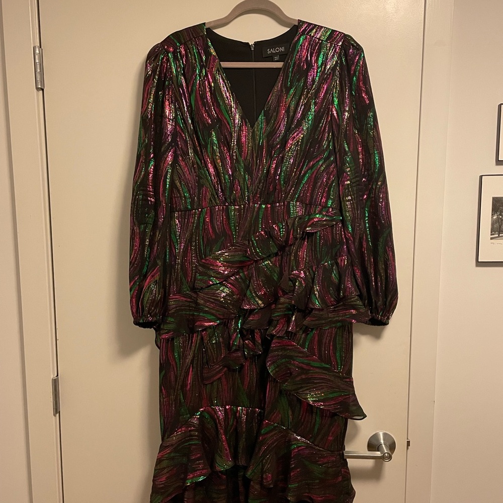 Saloni Alya Metallic Silk Jacquard cocktail Dress— midi length